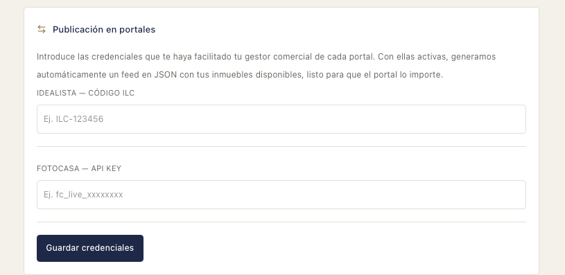 Pantalla real de configuración de Portales en Leadario: credenciales de Idealista y Fotocasa